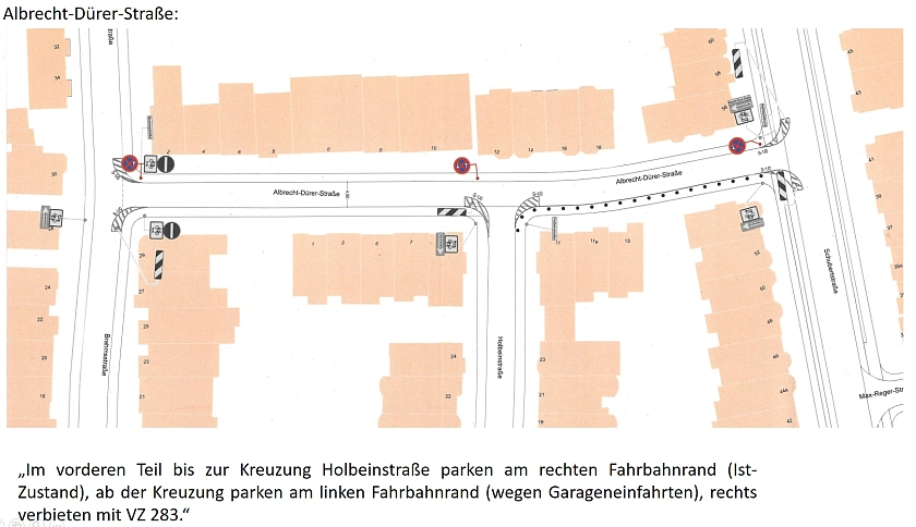 Grafische Darstellung der Maßnahmen zur Herstellung der Rettungswegsicherheit Albrecht-Dürer-Str.