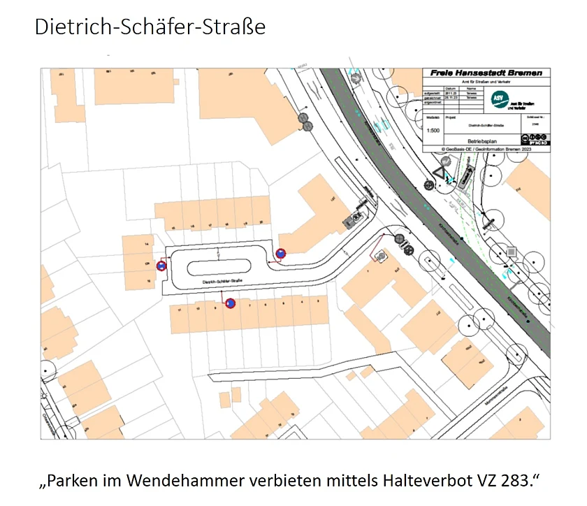 Grafische Darstellung der Maßnahmen zur Herstellung der Rettungswegsicherheit in der Dietrich-Schäfer-Straße