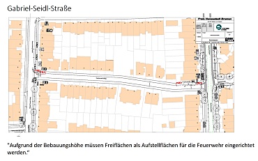 Grafische Darstellung der Maßnahmen zur Herstellung der Rettungswegsicherheit in der Gabriel-Seidl-Straße