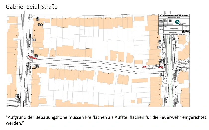 Grafische Darstellung der Maßnahmen zur Herstellung der Rettungswegsicherheit in der Gabriel-Seidl-Straße