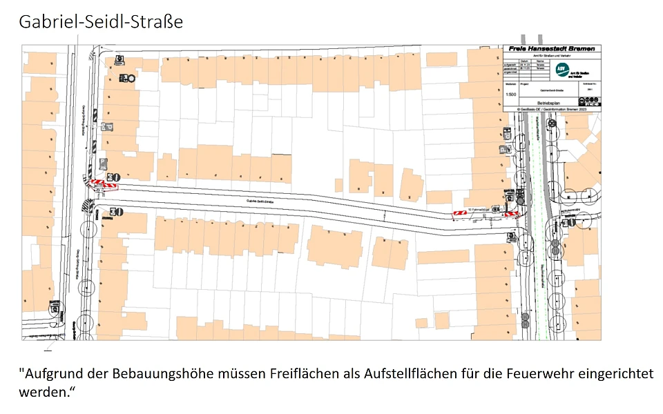 Grafische Darstellung der Maßnahmen zur Herstellung der Rettungswegsicherheit in der Gabriel-Seidl-Straße