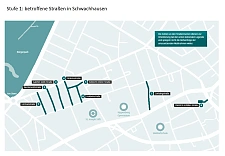 Straßenkarte auf der die Straßen, in denen Maßnahmen zur Herstellung der Rettungswegsicherheit geplant sind hervorgehoben sind.
