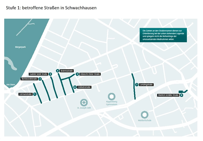 Straßenkarte auf der die Straßen, in denen Maßnahmen zur Herstellung der Rettungswegsicherheit geplant sind hervorgehoben sind.