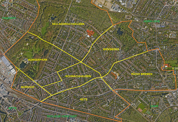 Der Stadtteil Schwachhausen mit seinen Ortsteilen Barkhof, Bürgerpark, Schwachhausen, Neu-Schwachhausen, Riensberg, Radio Bremen und Gete