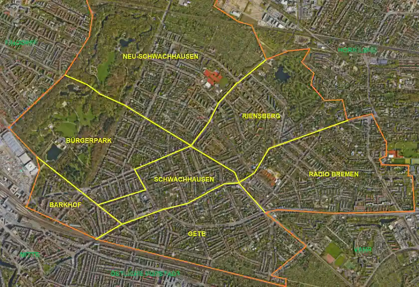 Der Stadtteil Schwachhausen mit seinen Ortsteilen Barkhof, Bürgerpark, Schwachhausen, Neu-Schwachhausen, Riensberg, Radio Bremen und Gete