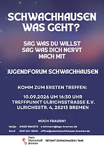 Erstes Treffen des Jugendforums Schwachhausen am 10.09.2026 um 16:30 Uhr im Treffpunkt Ulrichstraße e.V. in der Ulrichstraße 4. 